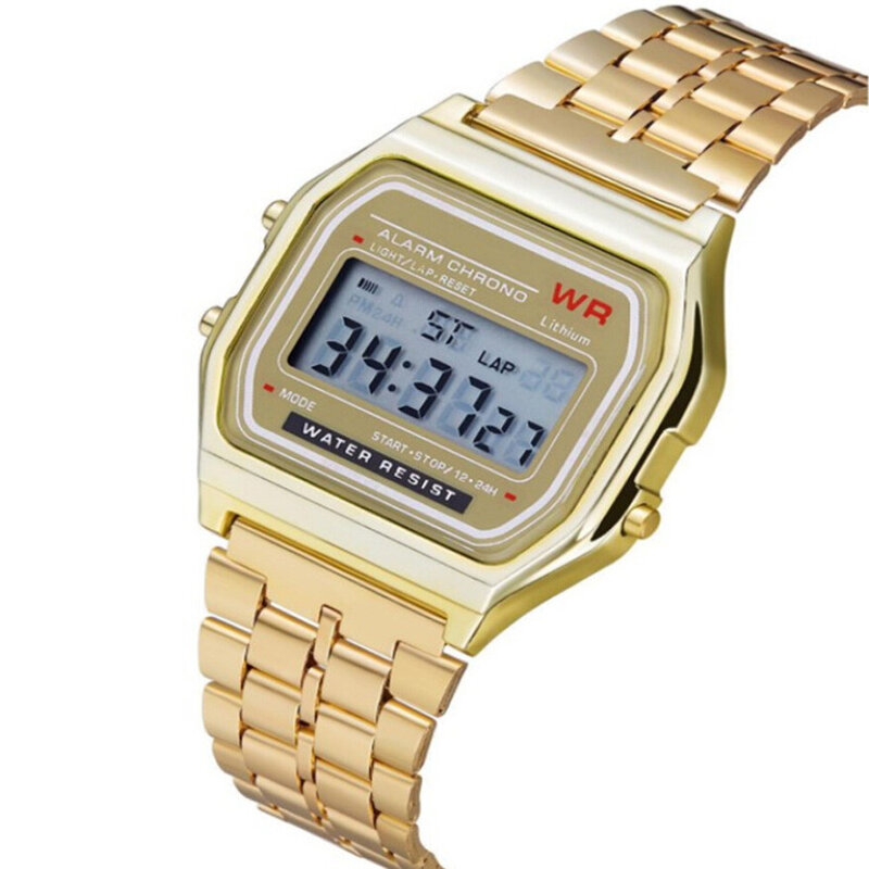 2020 LED Digital Wasserdicht Quarz Armbanduhr Kleid Luxus Goldene Handgelenk Stahl Uhr Frauen Männer Uhr Retro Dropshipping A7