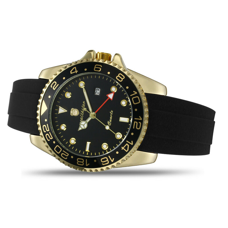 Wealthstar-Reloj clásico de cuarzo para hombre, pulsera con correa de silicona, con fecha automática, 44mm, GMT