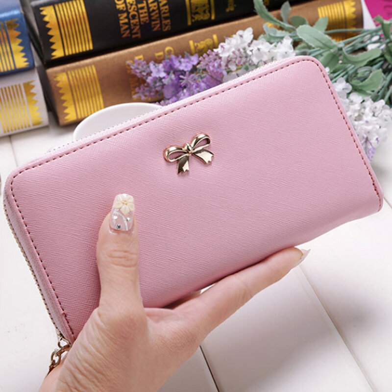 Cards Holder Wallet Laadies Cute Bowknot Women Long Wallet Pure Color Clutch Bag 2019 New PU Leather Purse Phone Card Holder Bag