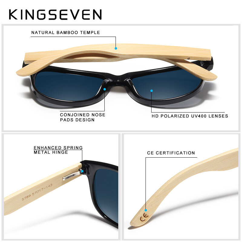 KINGSEVEN Brand Handmade Polarized Sunglasses Women Men Natural Bamboo Colorful Lens Frame Spring Legs Oculos de sol