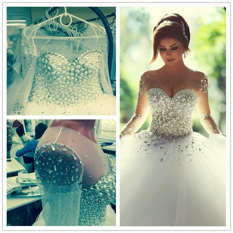 Incredibile nuovo abito da sposa maniche trasparenti abiti da sposa principessa con perline di cristallo abiti da sposa romantici Vestido De Noiva