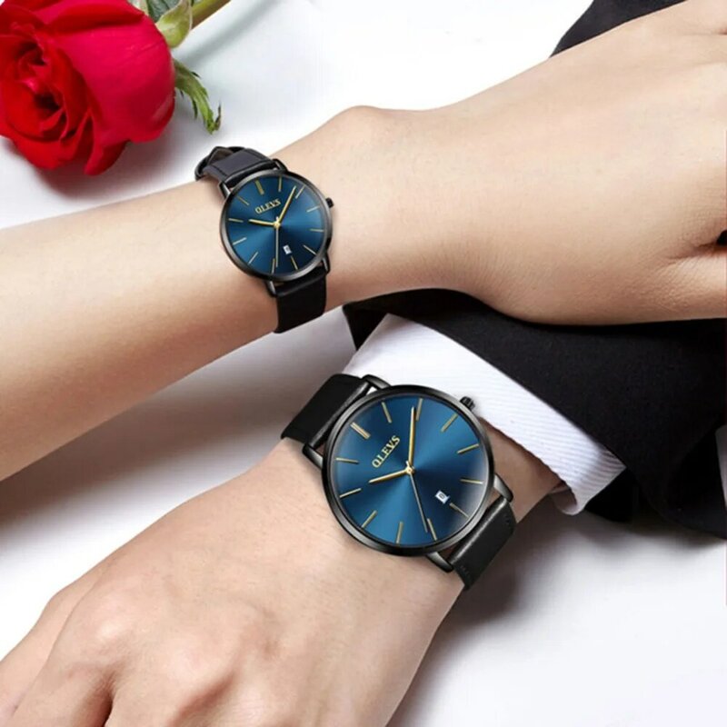 Mode Paar Horloges OLEVS Populaire Casual Quartz Vrouwen Mannen Horloge Lover's Gift Klok Jongens Meisjes Ultra dunne Lederen Horloge
