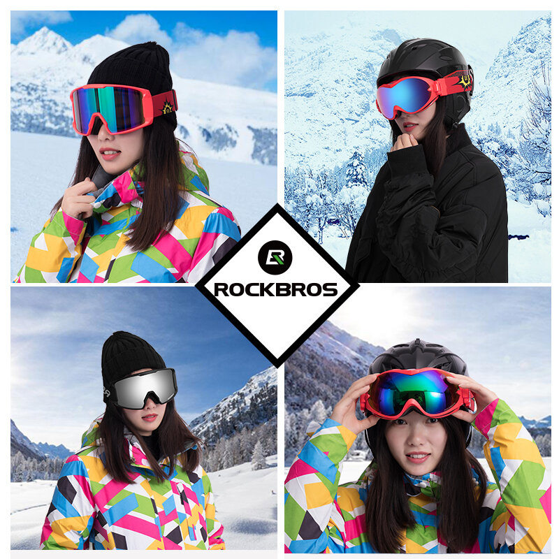 ROCKBROS 겨울 스키 고글 스포츠 더블 레이어 스노우 스키 UV400 안경 안개 방지 안경 스노우 보드 PC 렌즈 큰 마스크 남자 여자