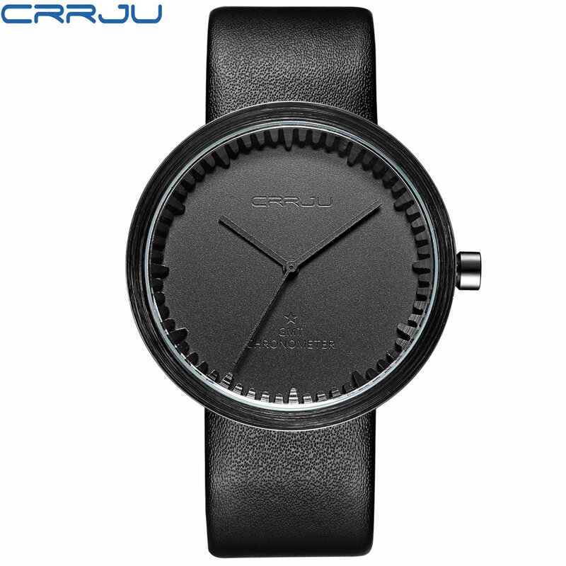 Crrju relógio masculino luxuoso pulseira de couro, clássico preto militar casual esportivo de quartzo