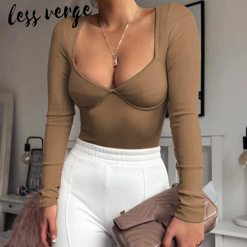 Lessverge Solid Knitted Sexy Long Sleeve One-Piece Casual  Bodycon Short Bodysuit