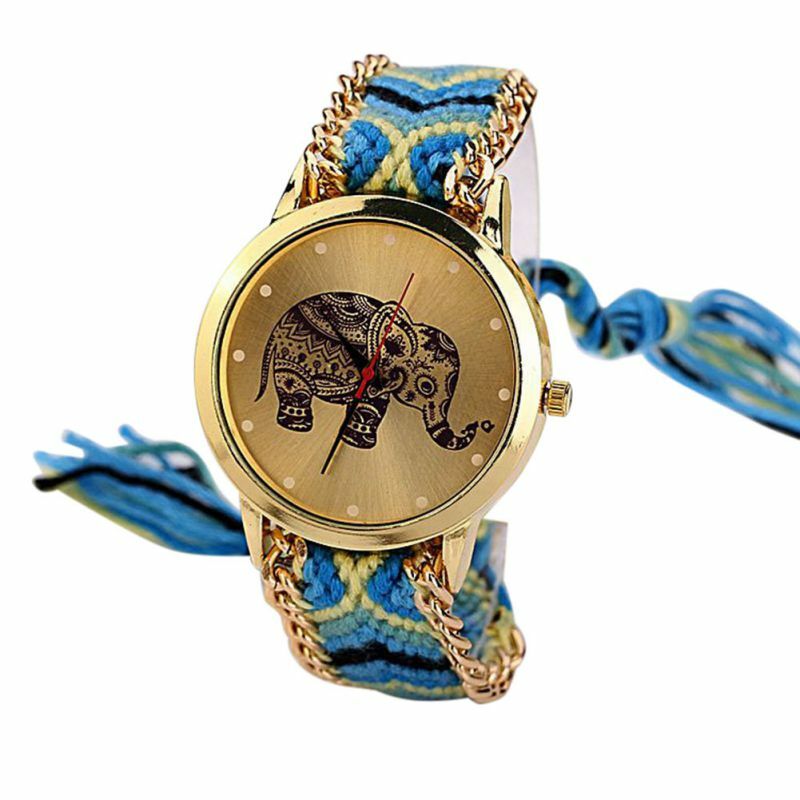 Vrouwen Quartz Horloges Kleurrijke Gevlochten Riem Horlogeband Horloges Beknopte Grote Olifant Dial Quartz Horloges