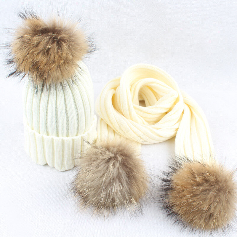 Winter 2 Pieces Set Women Winter Hat Scarf For Girls Hat Real Raccoon Fur Pom Pom Beanies Kids Cap Knitted Winter Hat Wholesale