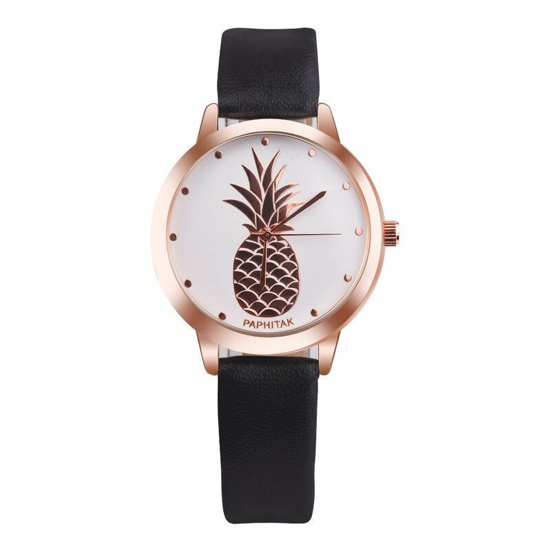 Reloj de cuarzo con diseño de piña para Mujer, accesorio de pulsera de cuero con diseño de piña, redondo, envío directo