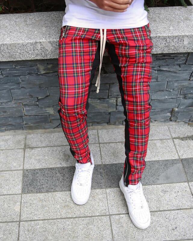 Pantalones a cuadros rojos para hombre, ropa de calle informal, rectos, Hip-Hop, de talla grande, 2019