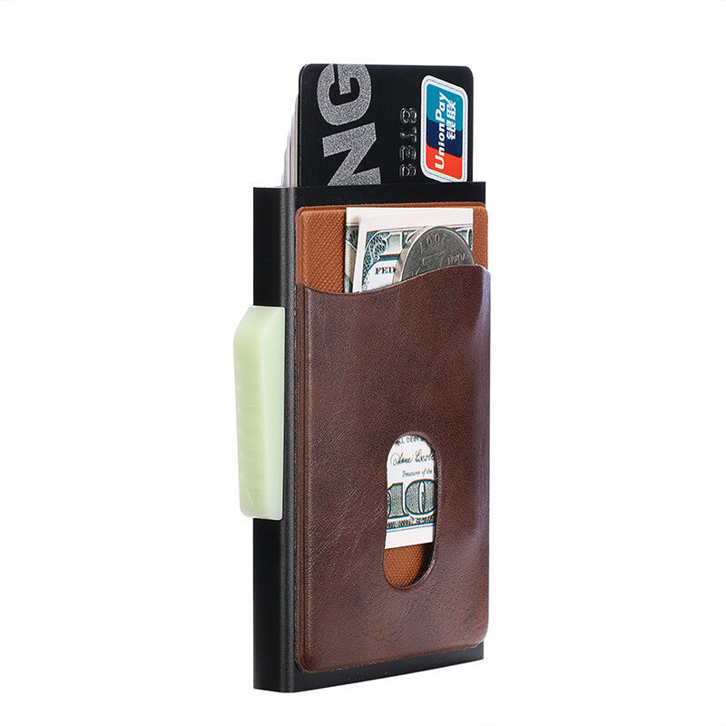 ZOVYVOL metalowe etui na karty kredytowe automatyczny elastyczny Vintage aluminiowy portfel zabezpieczający przed kradzieżą portfel PU skórzany uchwyt na Port