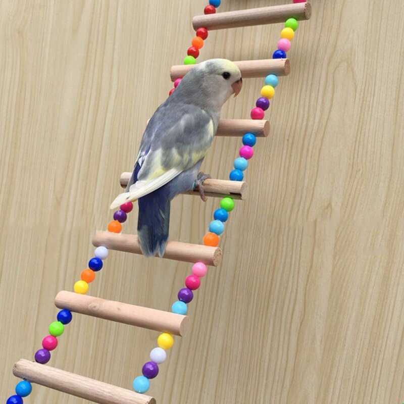 Escalera de juguete para pájaros, estructura colgante de madera natural, con bolas de colores, perfecta para mascotas