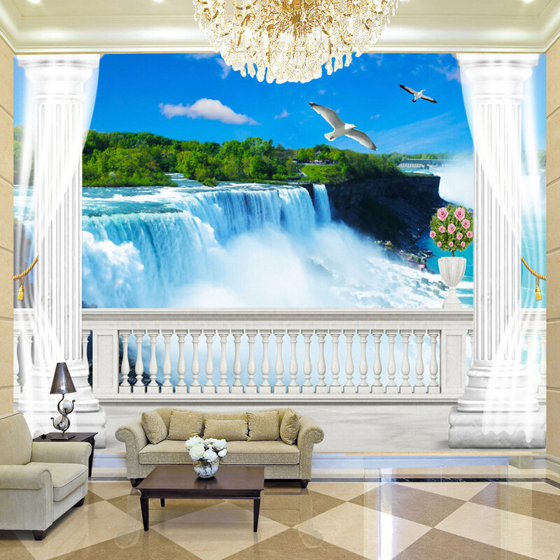 Custom Wallpaper Mural 3D Balcony Roman Column Background Wall Painting Living Room Waterfall Natural Scenery Photo Wallpaper 3D