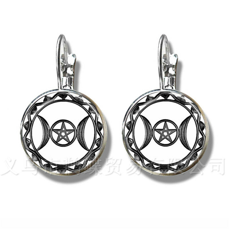 Triple Moon Goddess Stud Earrings Pentagram Witch Jewelry 16mm Glass Dome Wiccan Silver Plated Charm Wicca Jewelry For Women