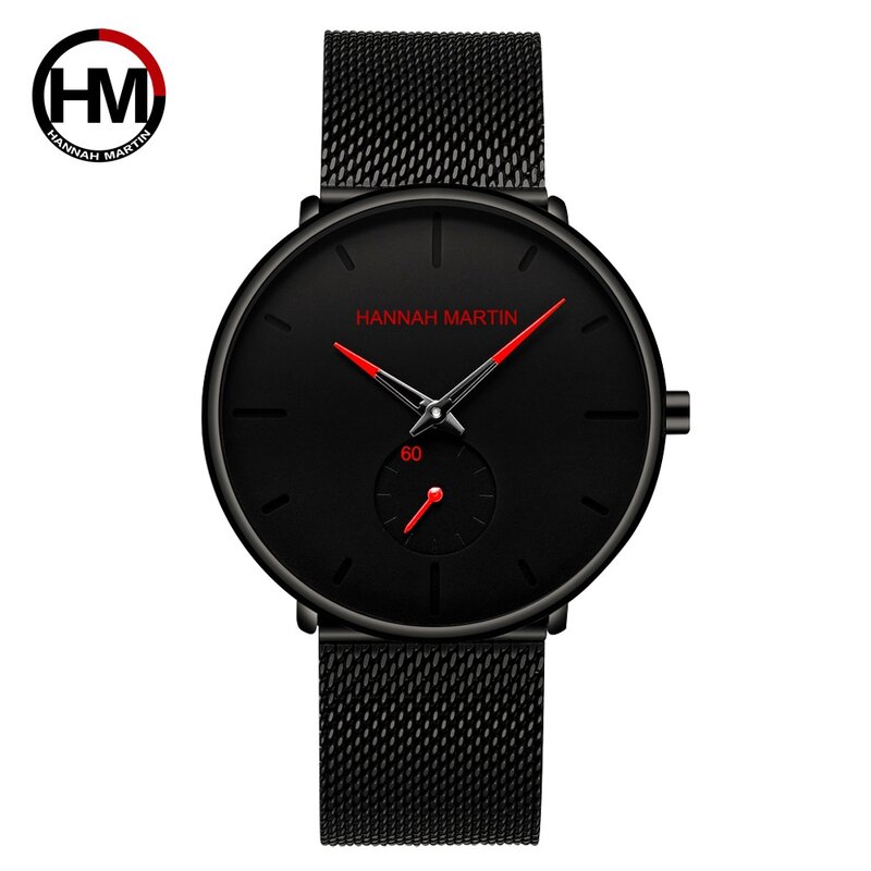 ハンナマーティン超薄型アナログクラシックブラックスチールクロビジネス腕時計ユニセックスミニマリスト腕時計レロジオ