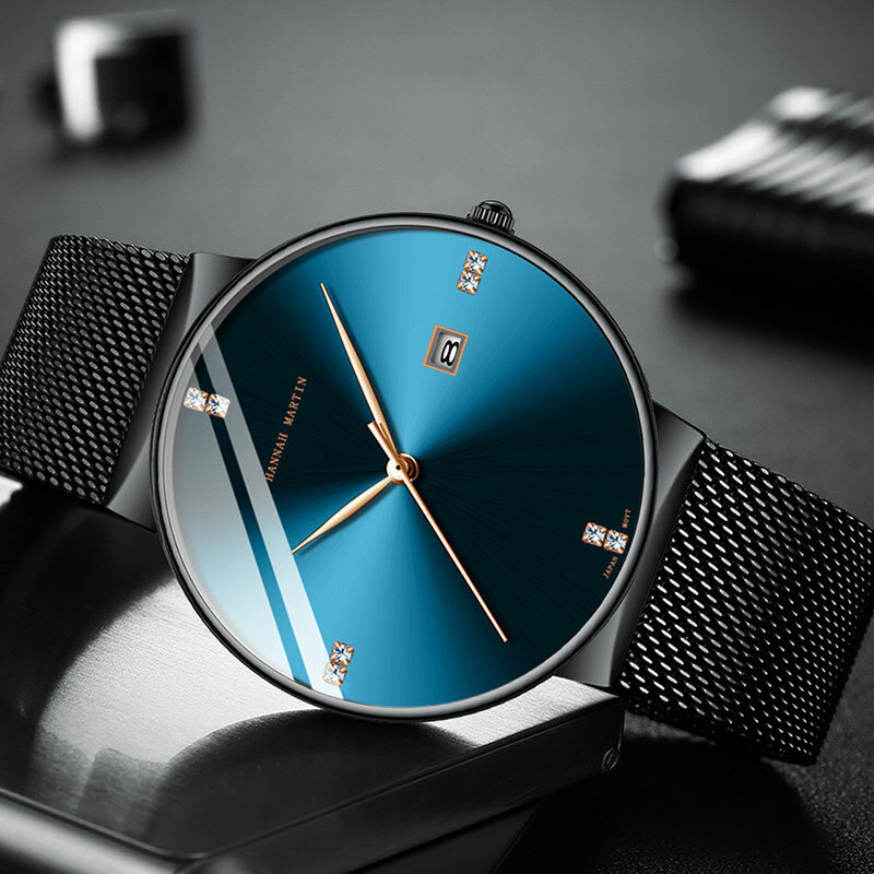 Hannah martin relógio masculino de quartzo, relógio de pulso, luxuoso, à prova d'água, aço inoxidável, azul para homens