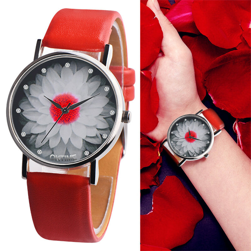 Женские часы-браслет Женские часы Мода цветок кожа аналоговые кварцевые наручные часы Стильные кварцевые часы Relogio Feminino