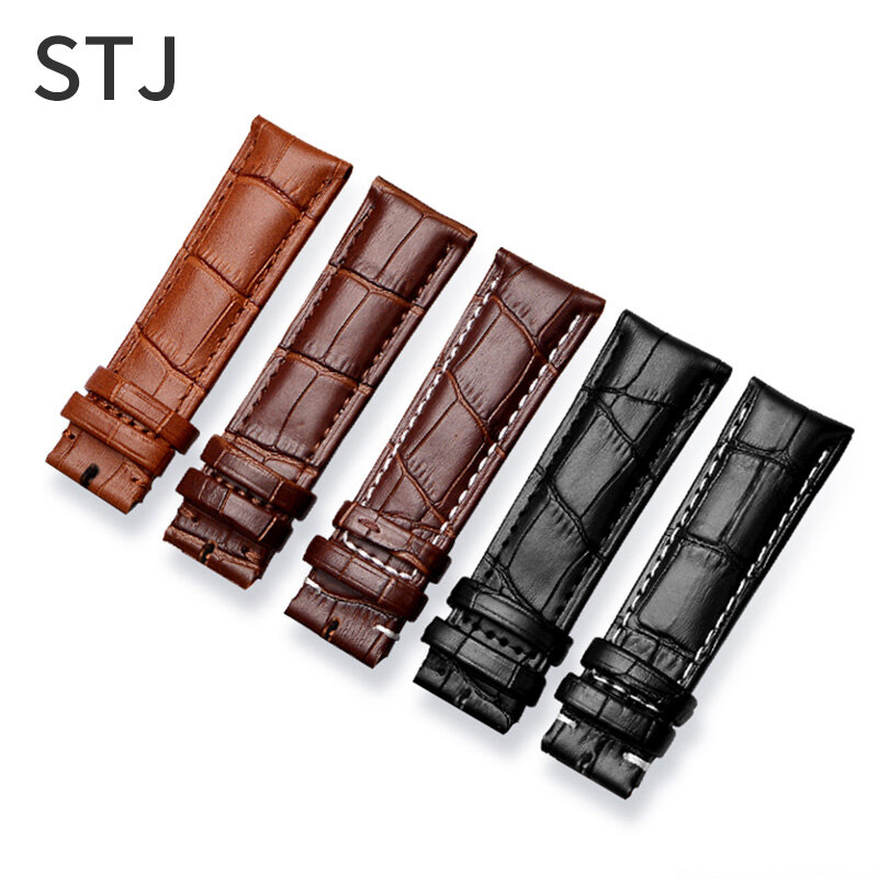 STJ Brand Calf Genuine Leather Black Watch Band Strap for Watchband size 18mm 19mm 20mm 21mm 22mm 24mm Watch wristband Bracelet
