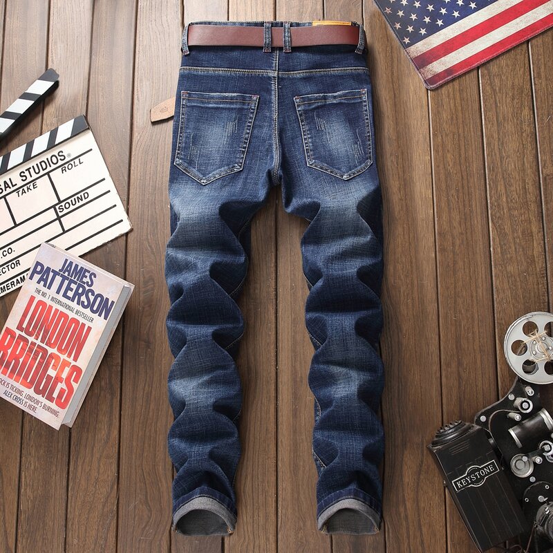 Alta qualidade calça jeans azul bordado de marca moda casual retalhos calças de brim plus size 29-38 calças de homem 2019