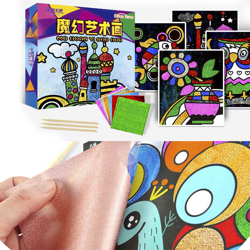 9 pces/12 pces crianças caixa adesivos mágicos incluem 30 pces rainbow transferência pintura papéis diy artesanato brinquedo arte pintura adesivos