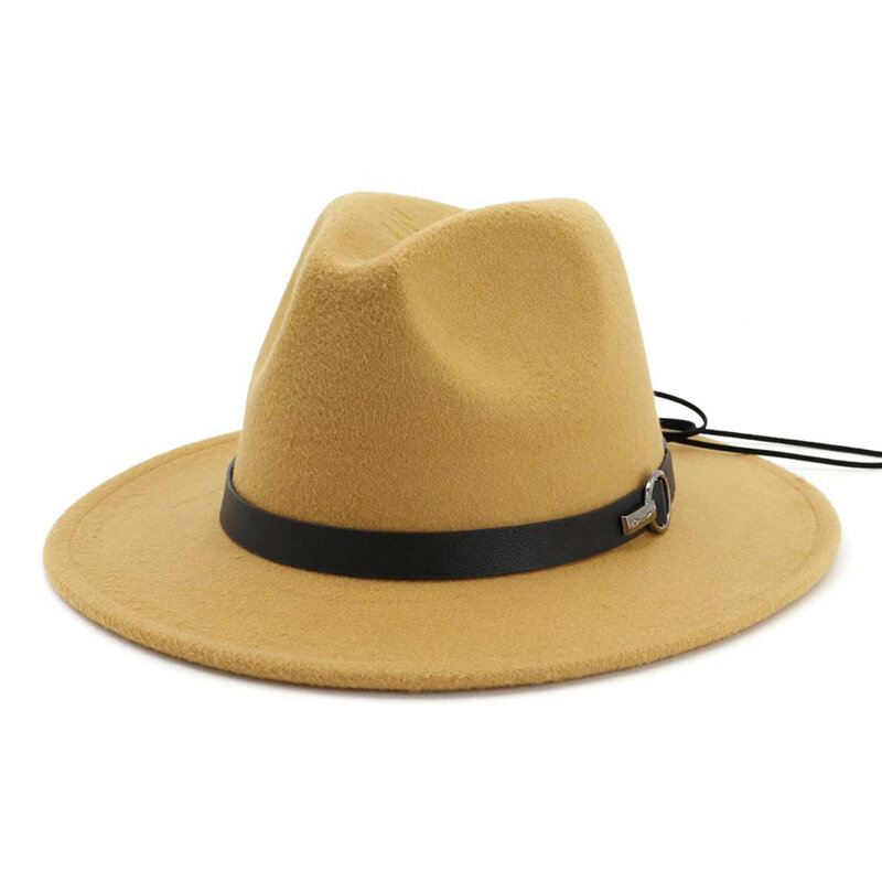 Qiuboss feminino largo borda lã feltro jazz fedora chapéus panamá estilo cowboy trilby festa formal chapéu grande tamanho amarelo branco