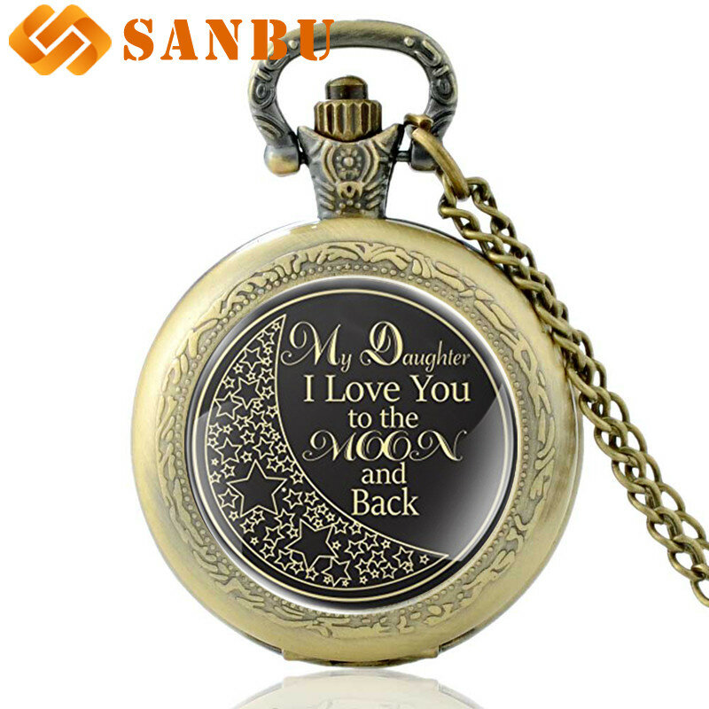 Fashion My Daughter L Love You to the Moon and Black Quartz Pocket Watch Vintage Bronze Necklace Jewelry Gifts for Daughter