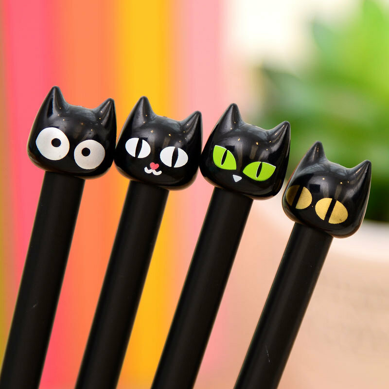 4PCS/lot  Novelty Black Cute Cat Head Gel Ink Pen Promotional Student Gift Stationery School Office Writing Pens Creative Stylus