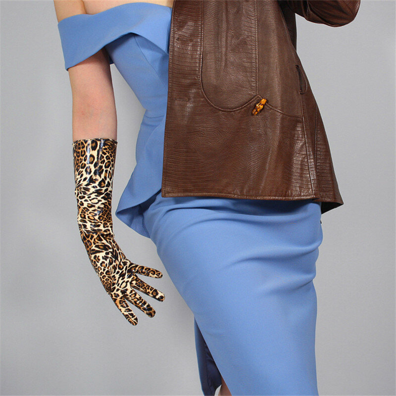 Guantes Extra largos de leopardo para mujer, de piel sintética, emulación de estilo largo de charol, color marrón brillante, 60cm, WPU16