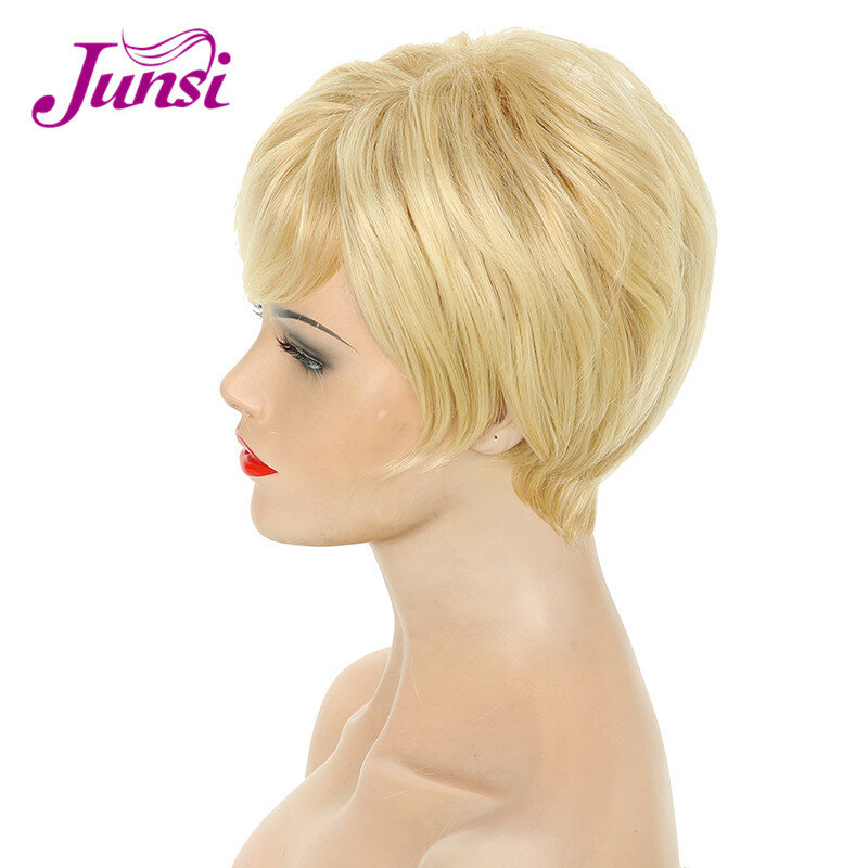 JUNSI-perruque synthétique courte dorée pour femmes, perruque coupe Pixie en Fiber résistante à la chaleur