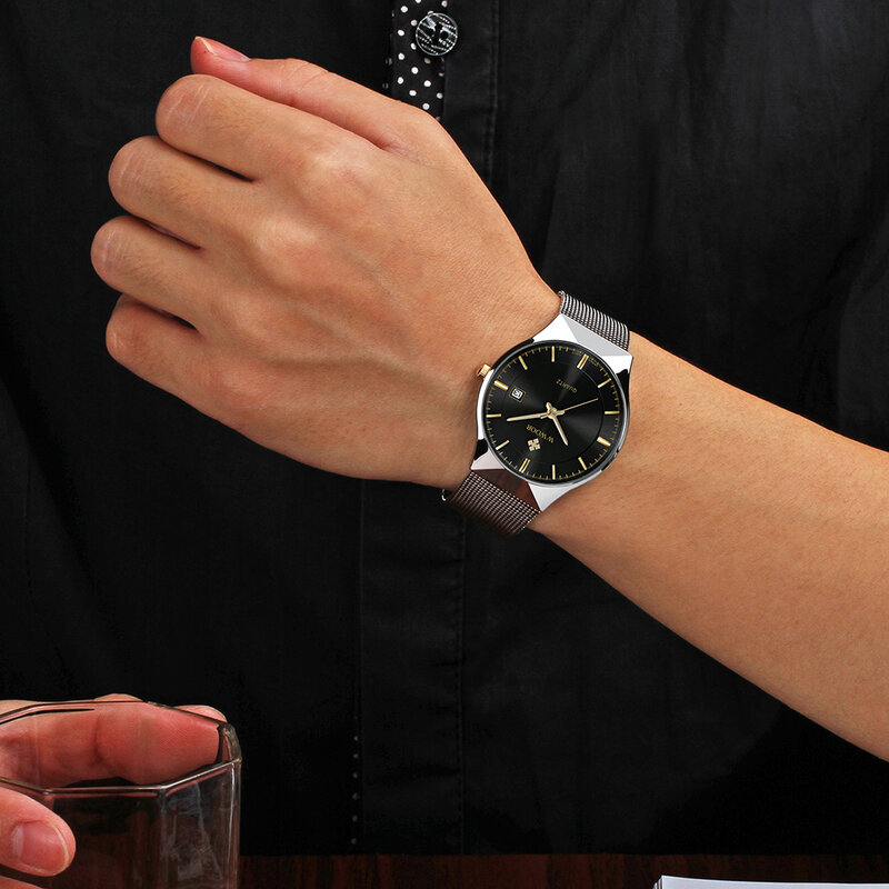 Relógio masculino wwoor pulseira metálica, relógio de quartzo em aço inoxidável mostrador metálico