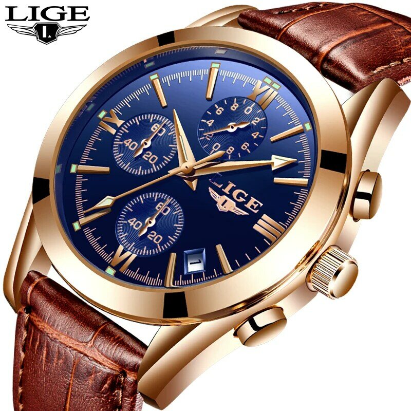 LIGE – montre en cuir à Quartz pour hommes, accessoire de Sport, de marque de luxe, étanche, à la mode, pour les affaires
