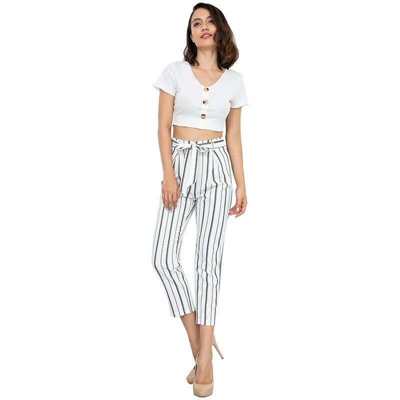 Pantalones de talla grande a la moda para mujer, pantalón largo hasta la pantorrilla a rayas blancas de cintura media, de algodón, 81788