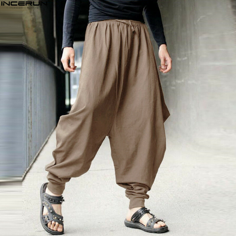 INCERUN – pantalon sarouel 2022 coton pour hommes, jogging japonais ample, pantalon croisé, entrejambe, jambes larges, Baggy