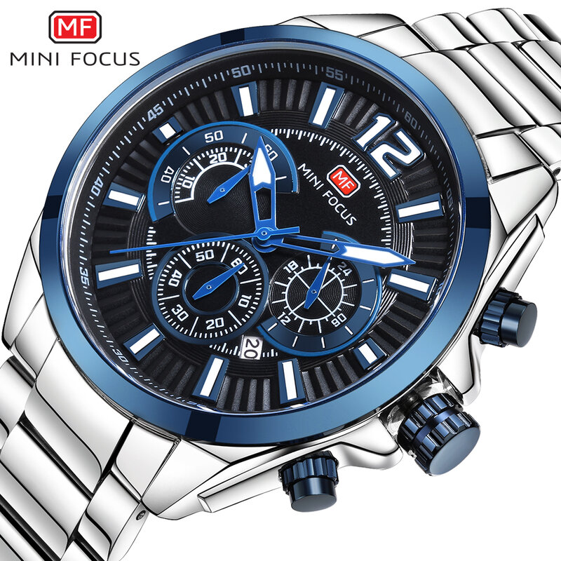 MINIFOCUS 多機能男性スポーツ腕時計スタイリッシュなビジネスステンレス鋼クォーツ腕時計防水クロノグラフ時計男性