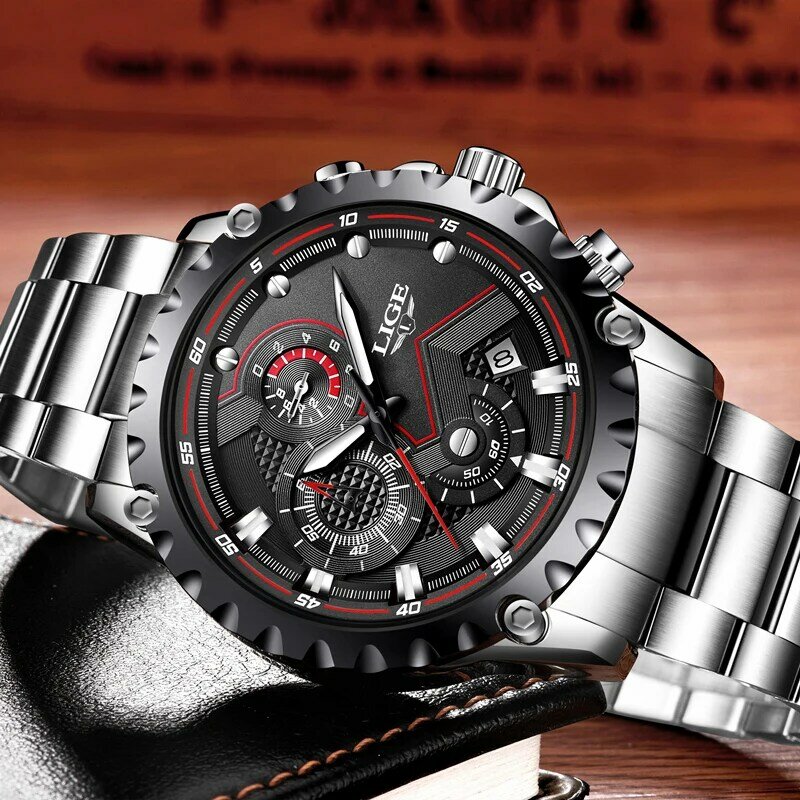 LIGE-브랜드 남성 패션 시계, 남성 스포츠 방수 쿼츠 시계, 남성 풀 스틸 밀리터리 시계, 손목 시계