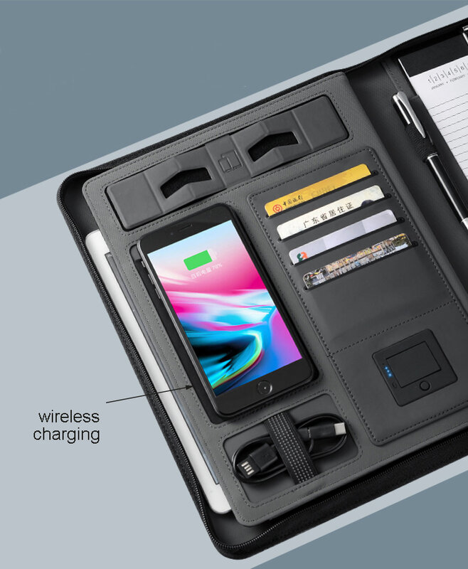 Business travel A5 rits notebook padfolio met 5000 mAh wiereless opladen power batterij in mobiele tas houder schrijfblok