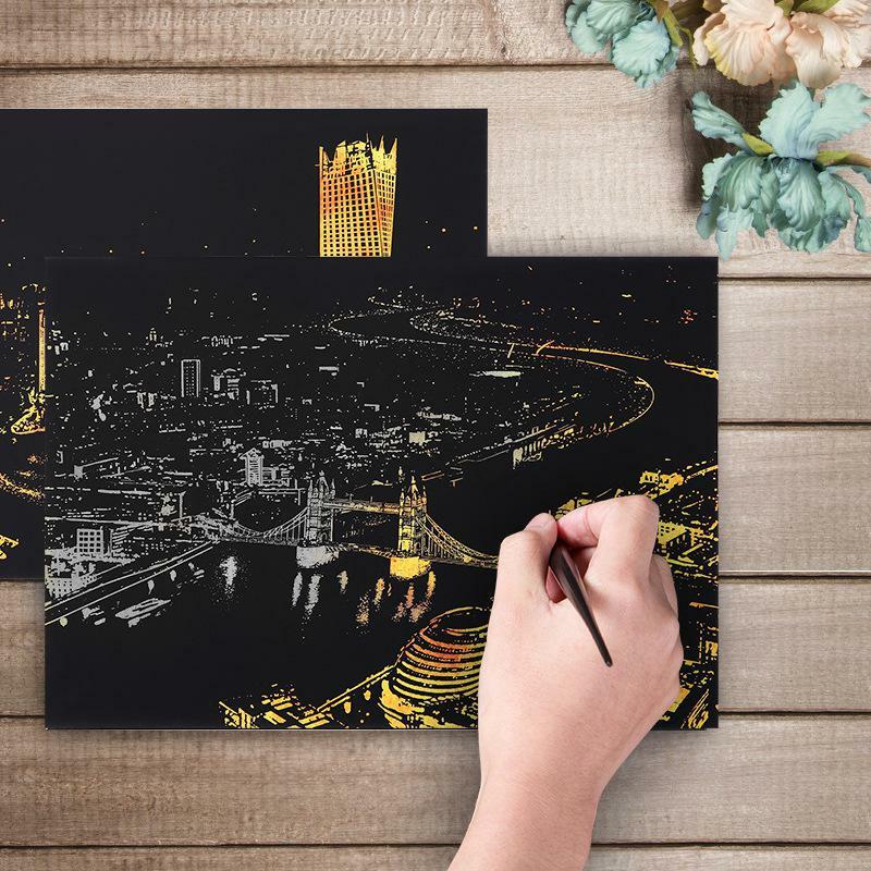 Rctown 도시 diy 그림 그림 벽화 스크래치 카드 황금 야경 페인트 예술 종이 크리 에이 티브 선물 d10