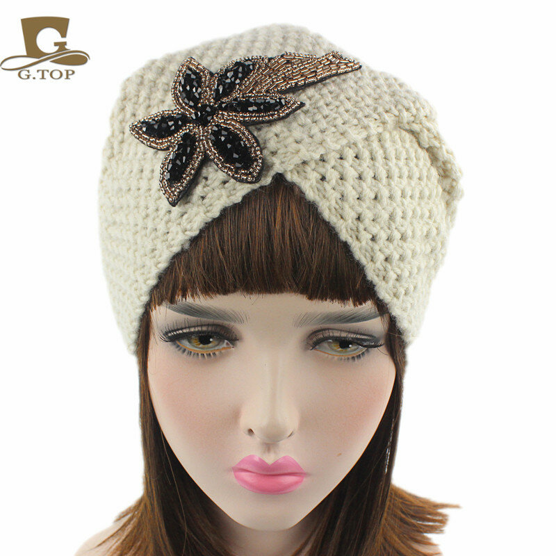Nieuwe Mode Dames Winter Warm Bloemen Rhinestone Hand Knit Tulband Bling Beanie Haak Headwrap Vrouwen Hoed Cap