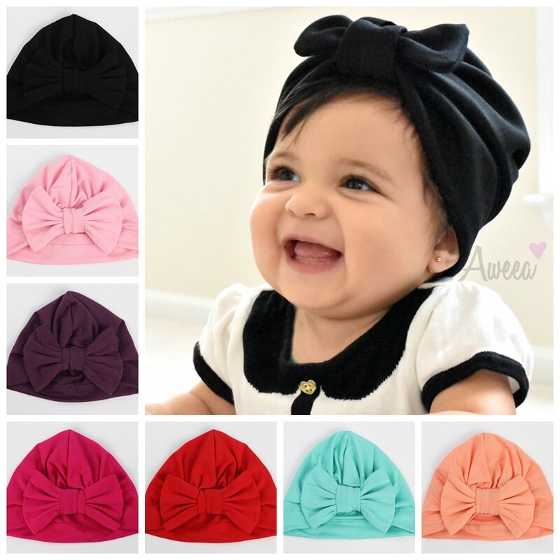 New Cotton Blend Hair Bow Knot Kids Turban Hat Big Ear Knot Newborn Beanie Caps Headwraps Birthday Gift Photo Props