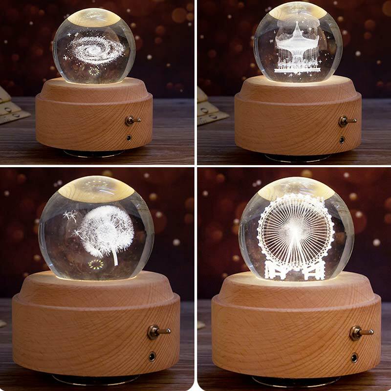 Kreatywny księżyc pozytywka w kształcie kryształowej kuli drewniane Luminous Music Box obrotowy innowacyjny świąteczny wystrój domu na prezenty na urodziny, boże narodzenie