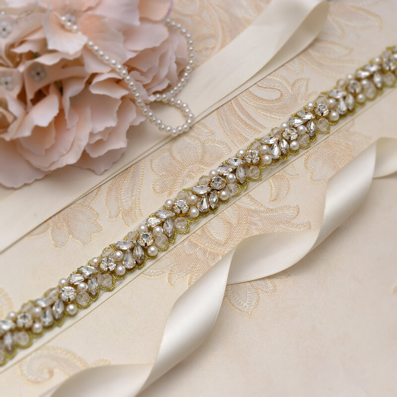 MissRDress Sabuk Pernikahan Kristal Emas Buatan Tangan Mutiara Selempang Pengantin Berlian Imitasi Pita Sabuk Pengantin untuk Aksesori Pernikahan JK927