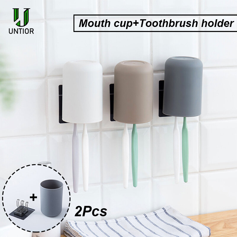 UNTIOR-Soporte de plástico para cepillo de dientes con taza para gárgaras, ventosas de pared, estante para afeitadora, dispensador de cepillo de dientes, juego de accesorios de baño