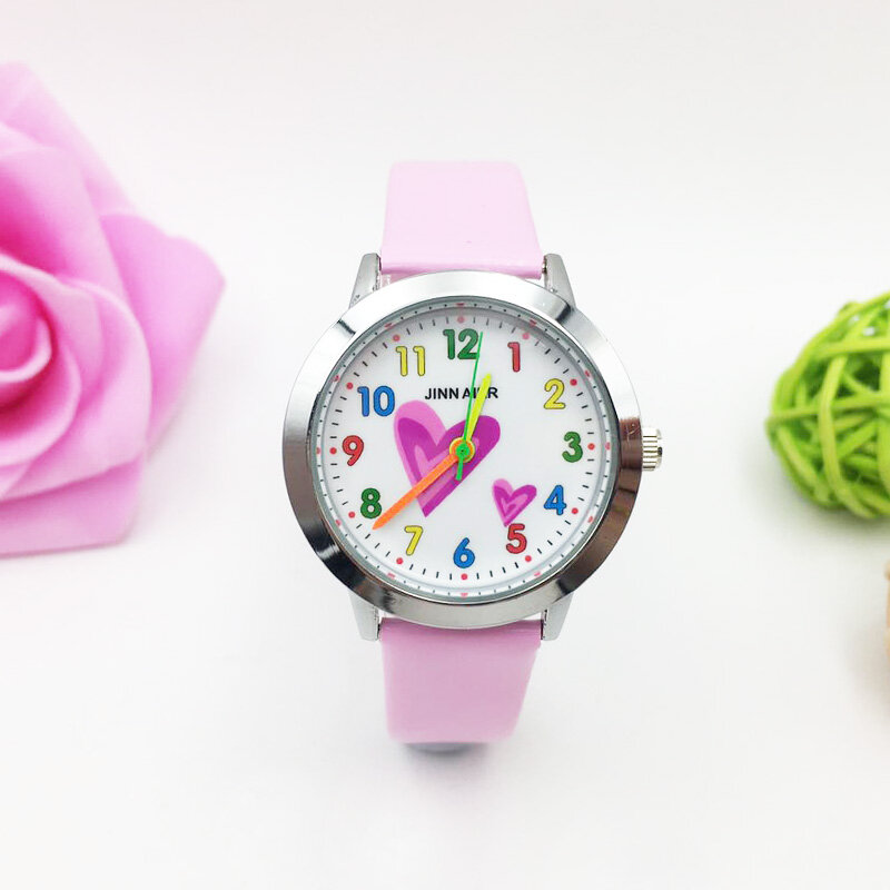 Relojes de moda para niños, relojes de cuarzo con dibujos animados de corazón y números coloridos, de cuero rosa para niñas, bonitos relojes de pulsera para estudiantes, hodinky para niños