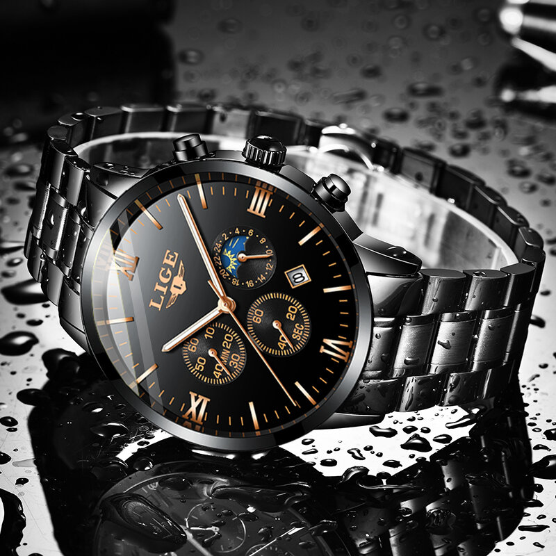 Часы наручные LIGE Мужские кварцевые, модные брендовые Роскошные спортивные водонепроницаемые, в деловом стиле, 2020