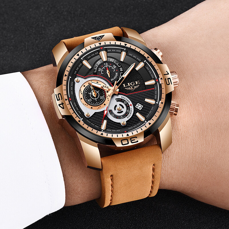 LIGE-Relógio casual de quartzo de couro impermeável masculino, relógio esportivo masculino, relógios de luxo, marca top