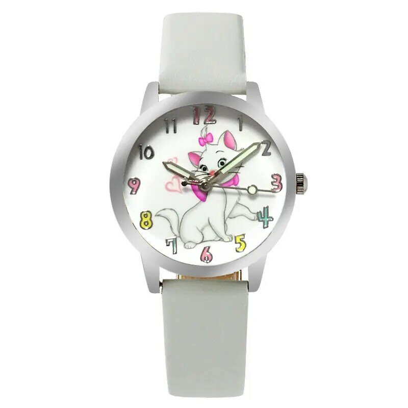 Relógio infantil quartz de couro, relógio esportivo fofo de gato rosa de desenho animado para meninos e meninas