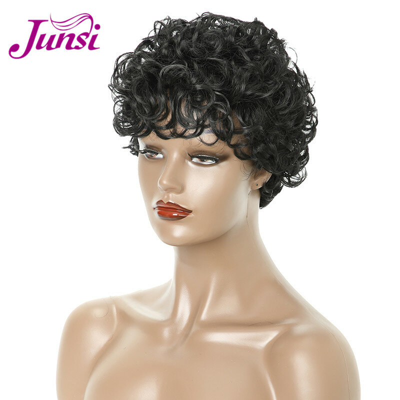 JUNSI-coiffure synthétique courte bouclée | Coupe Pixie pour femmes, coiffure mixte de couleur brune