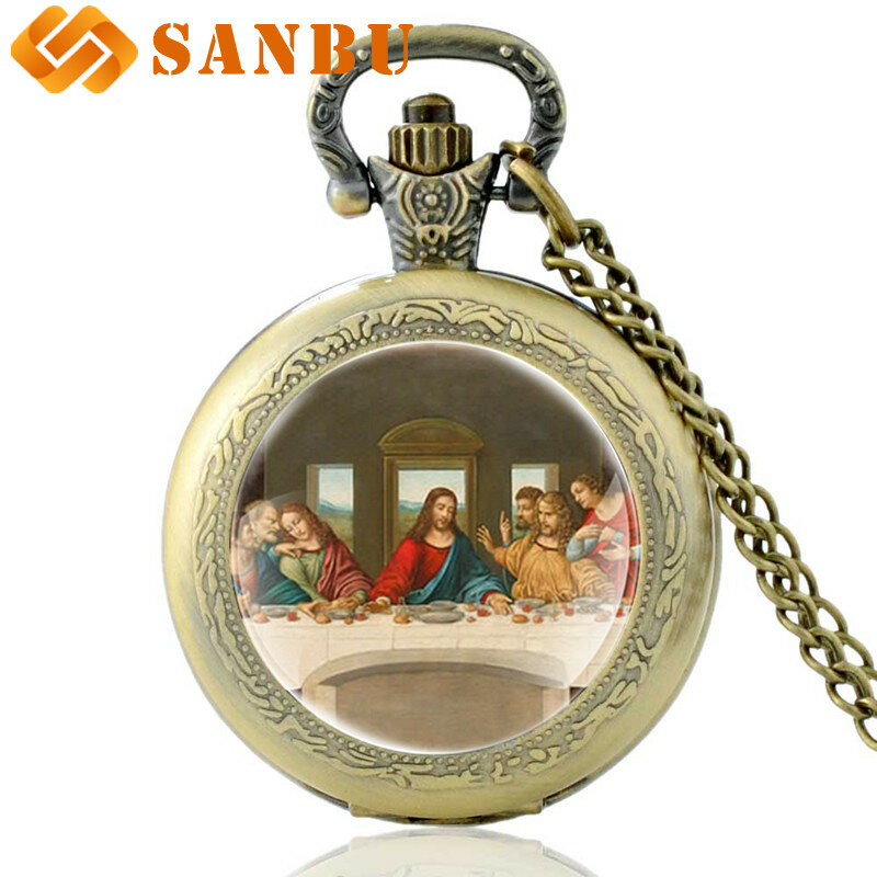 Vintage Bronze Da Vinci Works The Last Supper Quartz Pocket Watch Retro Men Women Classic Pendant Necklace Clock