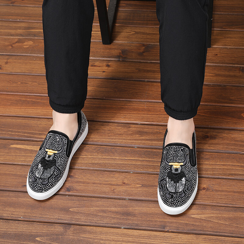 2019 新デザインプラス Size38-46 ダイヤモンドラインストーン動物カブトムシパターンスリッポンカジュアルメンズボートの靴ドイツファッションデザイナーの靴