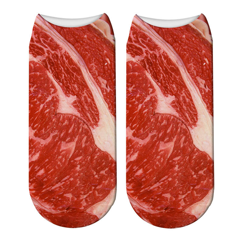 3D 인쇄 고기 양말 여성 카와이 하라주쿠 쇠고기 발목 양말 스테이크 패턴 크리 에이 티브 개성 편안한 양말