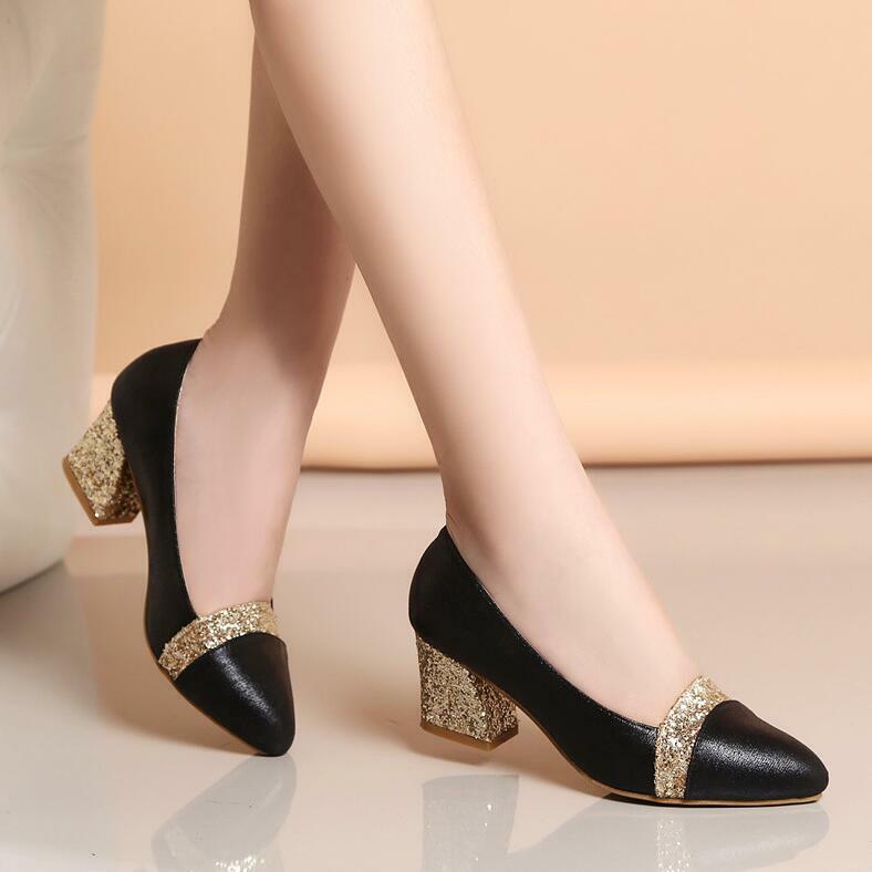 Women Pumps Sweet Style Square High Heel Sequins Pointed Toe Spring And Autumn Elegant Shallow Ladies Shoes 227GGX CD